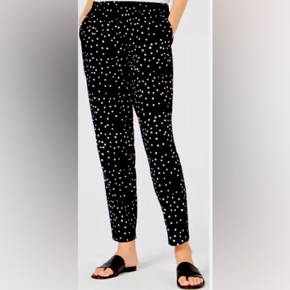 Eileen Fisher Black white dots Organic Cotton elastic waist pants size L preown